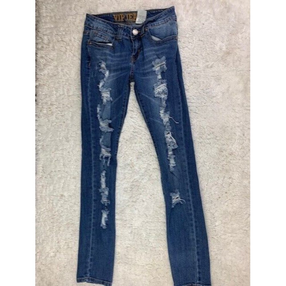 VIP Size 0 Womens Jeans Skinny Distressed Low Rise Med Wash Stretch
